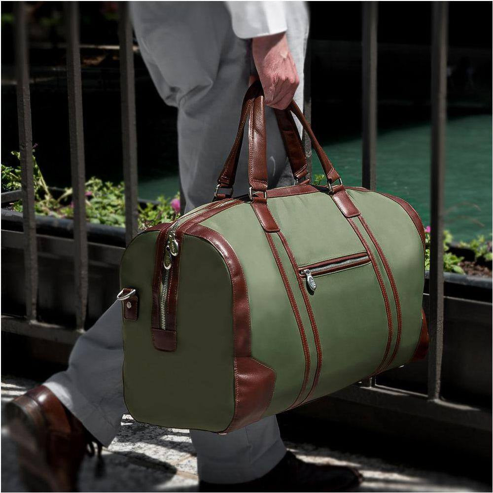 Pasadena, 20 In. Green Nano Tech-Light Nylon with Leather Trim Carry-All Duffel