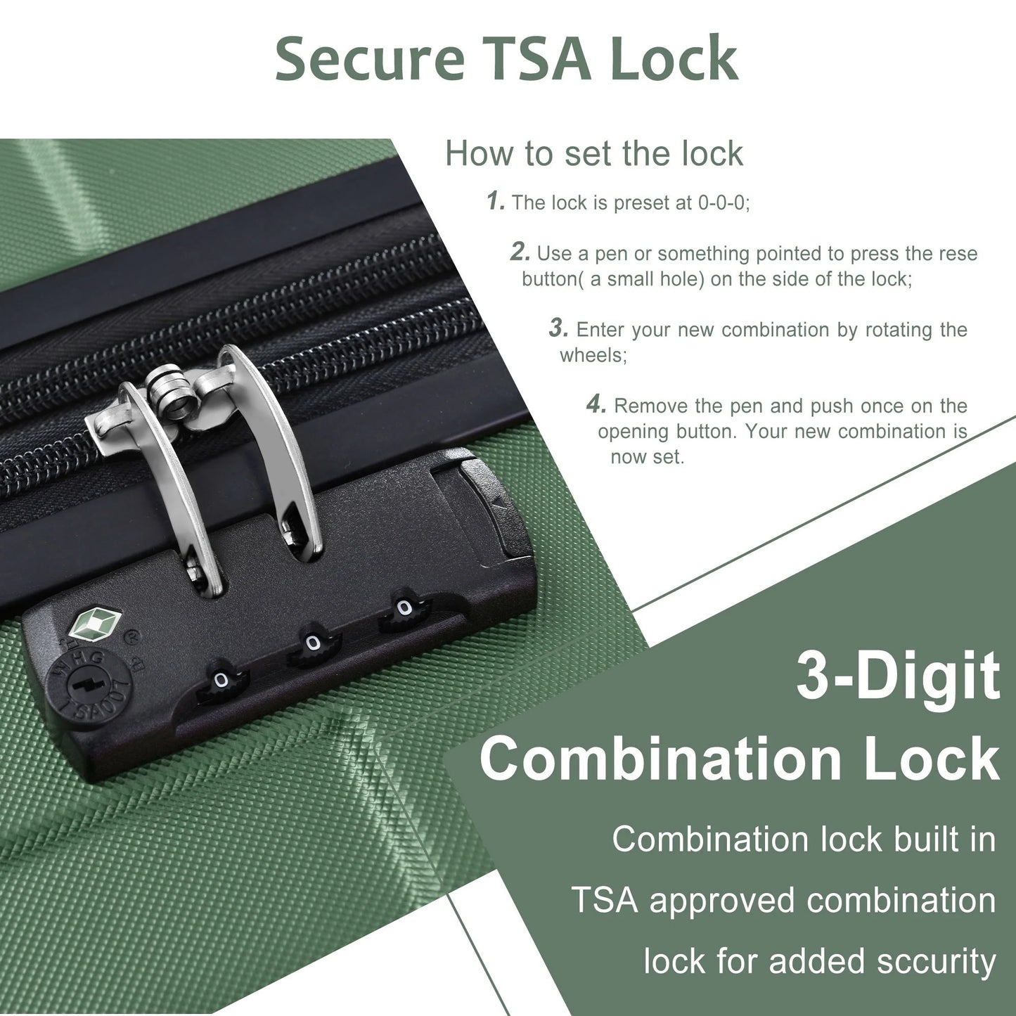 24 Inch Carry on Luggage,65L Capacity Suitcase with Wheels & TSA Lock ABS+PC Lightweight Checked Luggage for Travel Trip, Green