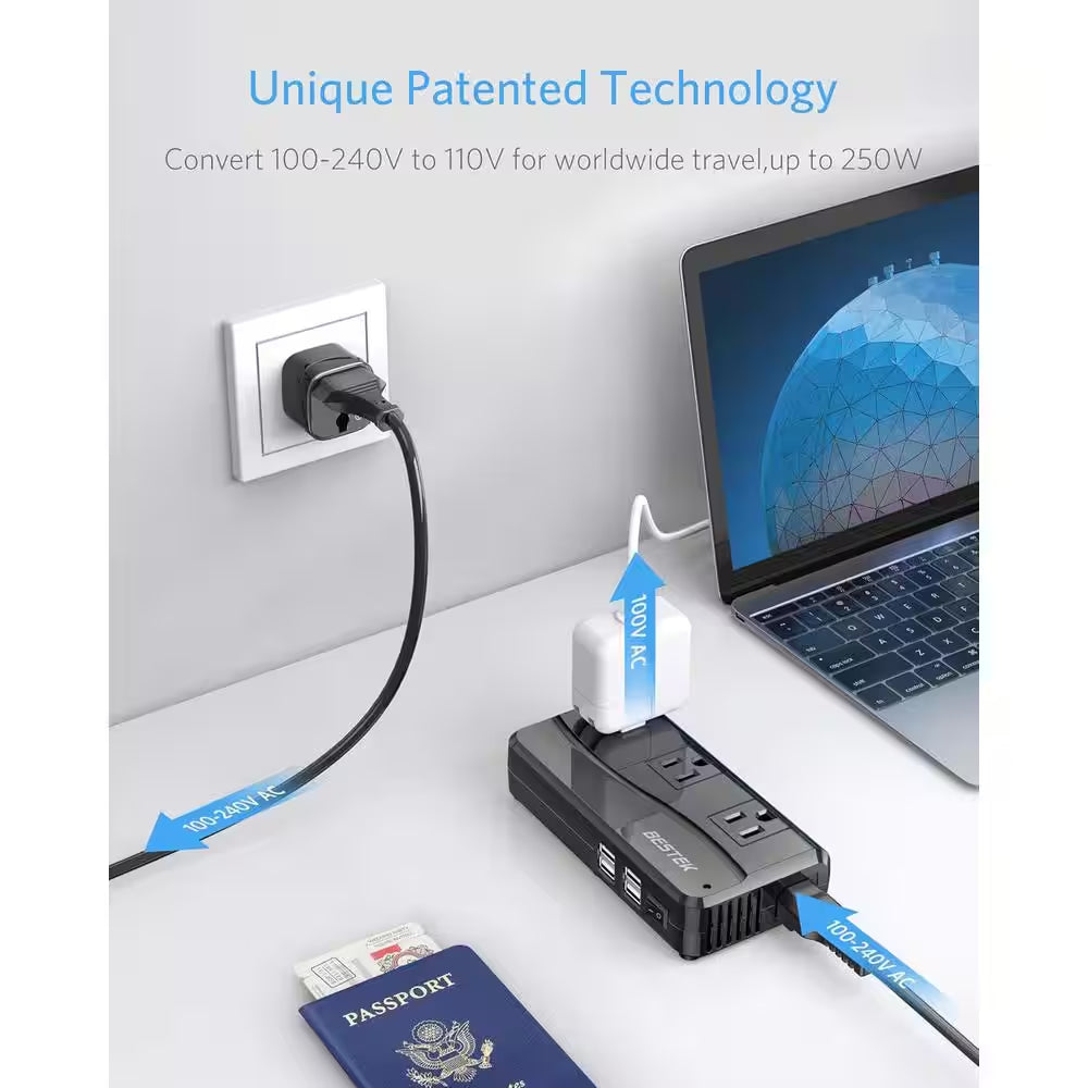 250W 220V to 110V Travel 2-To-3 Prong Adapter Voltage Converter with 3-Outlets and 4-Port USB and 5 Adapters in Black