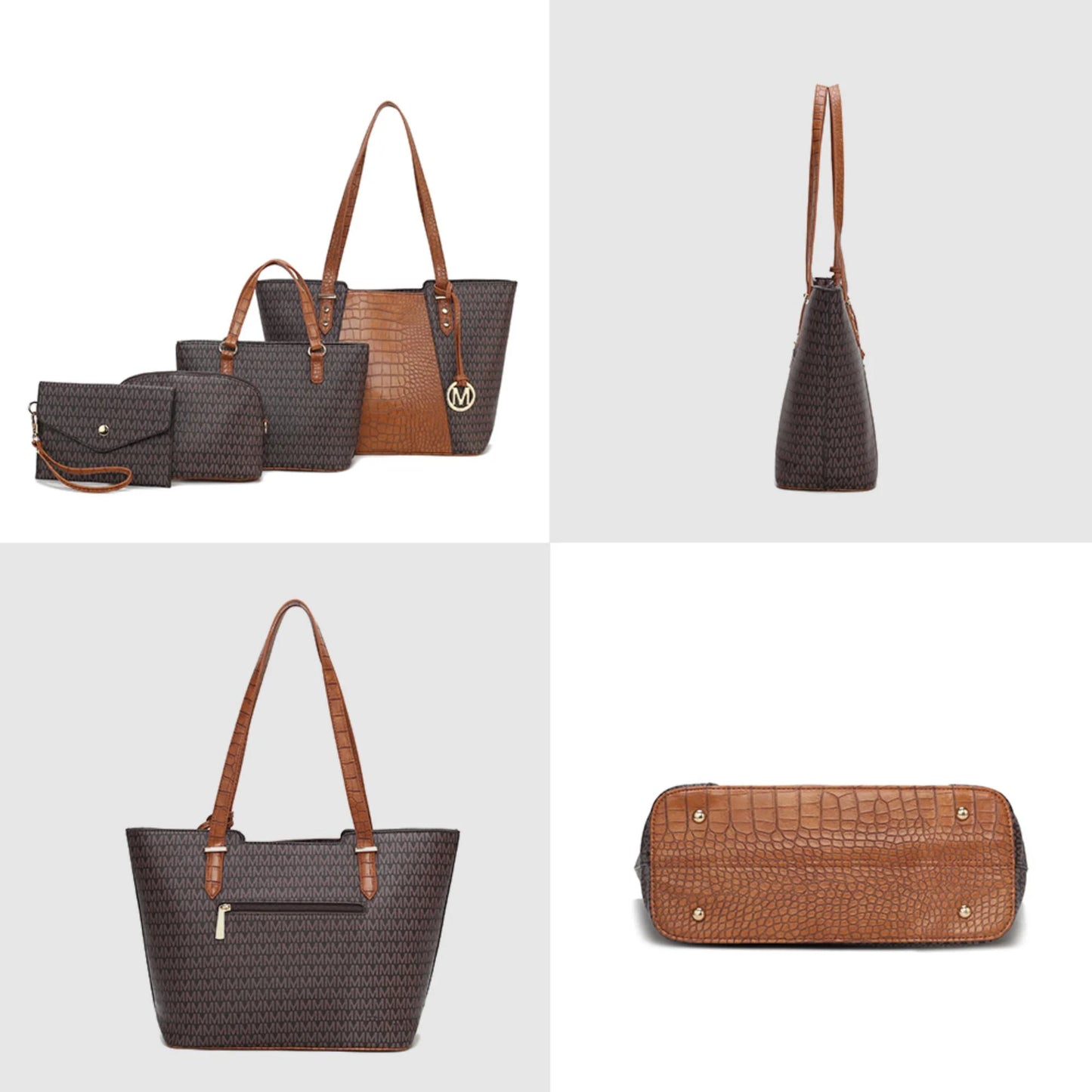 Lippa Women'S Tote Bag, Wristlet Pouch Purse, Vegan Leather Handbag 4Pcs Set by Mia K - Brown