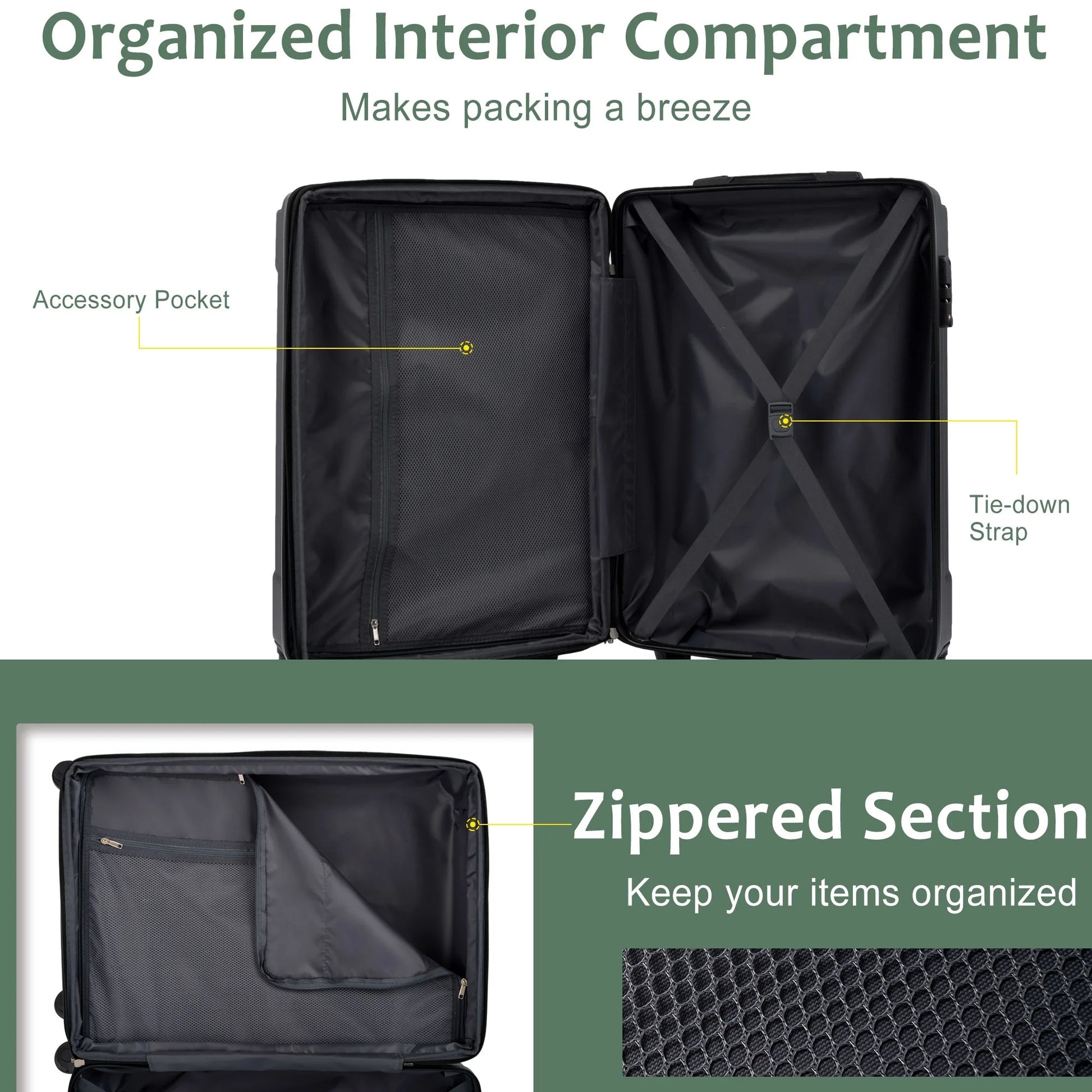 24 Inch Carry on Luggage,65L Capacity Suitcase with Wheels & TSA Lock ABS+PC Lightweight Checked Luggage for Travel Trip， Green