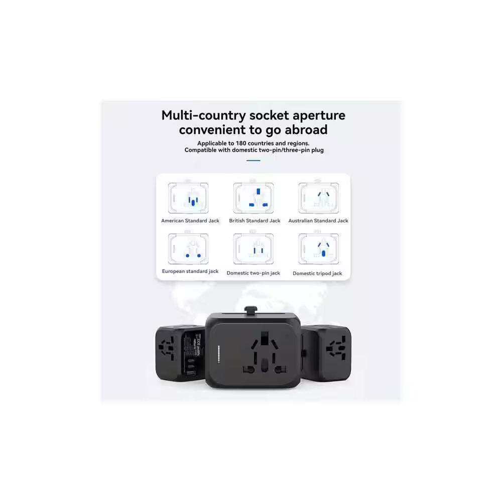 1-Outlet Foldable Universal Travel Plug Adapter with Type C & USB-A, 2500W Power & Multi-Country Compatibility, Black