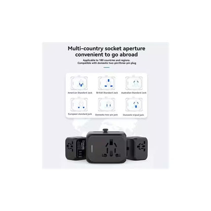 1-Outlet Foldable Universal Travel Plug Adapter with Type C & USB-A, 2500W Power & Multi-Country Compatibility, Black