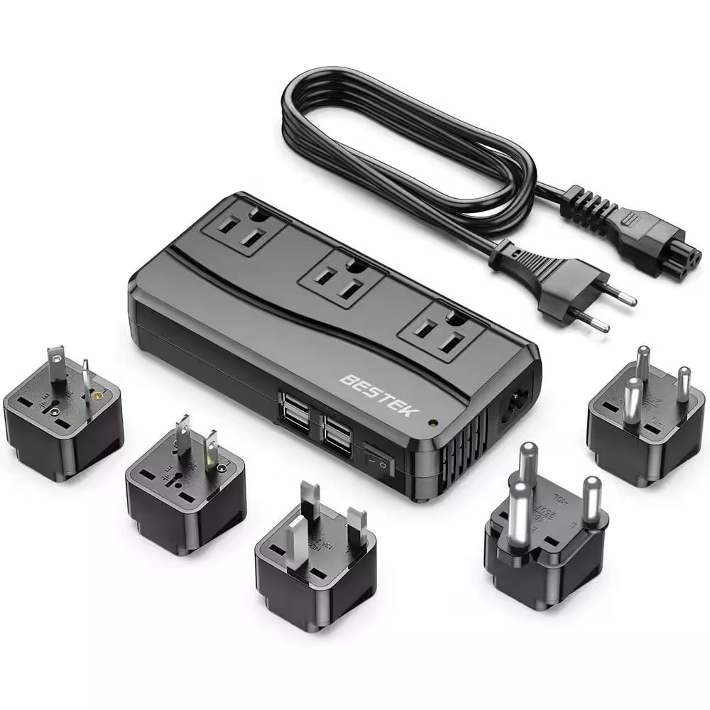 250W 220V to 110V Travel 2-To-3 Prong Adapter Voltage Converter with 3-Outlets and 4-Port USB and 5 Adapters in Black