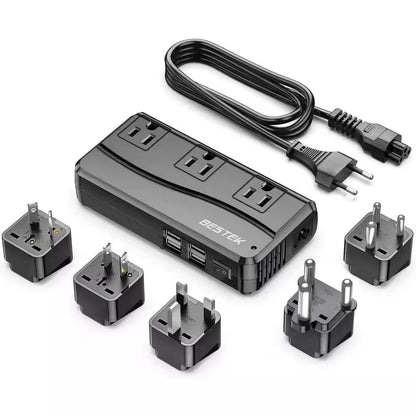 250W 220V to 110V Travel 2-To-3 Prong Adapter Voltage Converter with 3-Outlets and 4-Port USB and 5 Adapters in Black