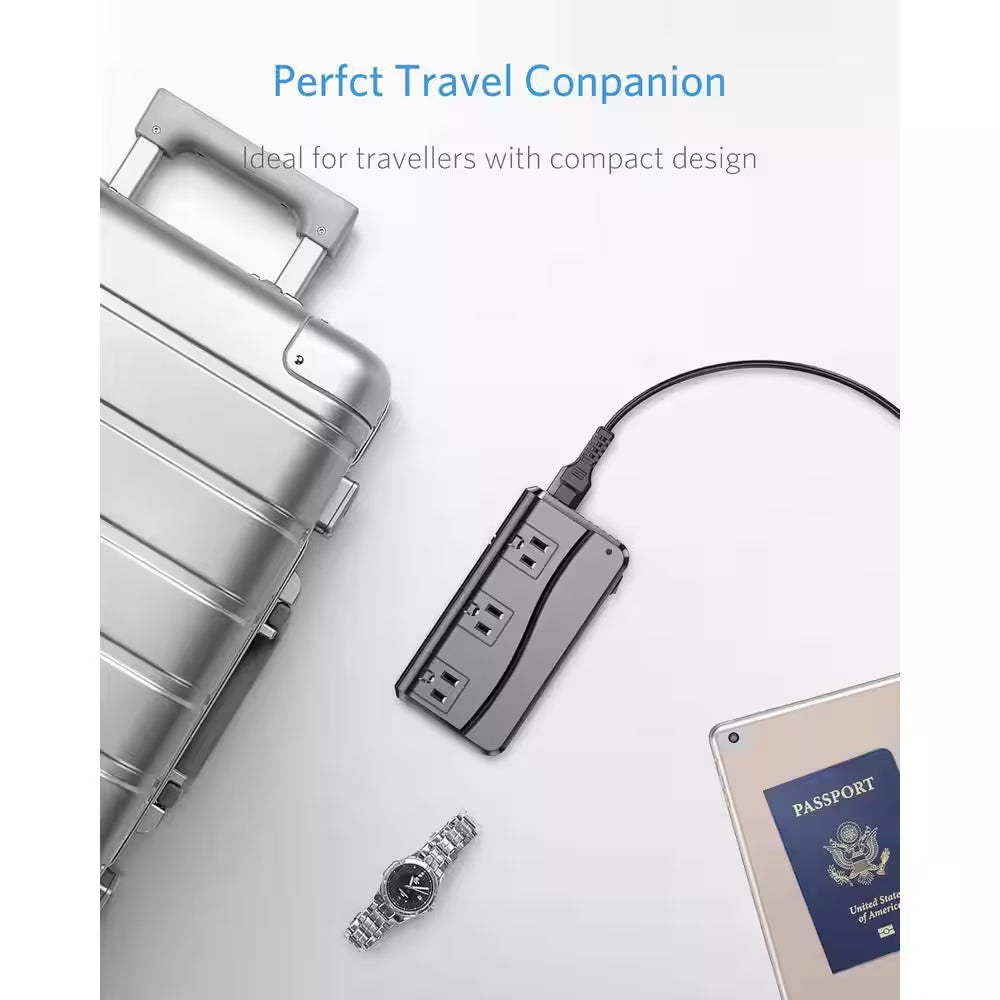 250W 220V to 110V Travel 2-To-3 Prong Adapter Voltage Converter with 3-Outlets and 4-Port USB and 5 Adapters in Black