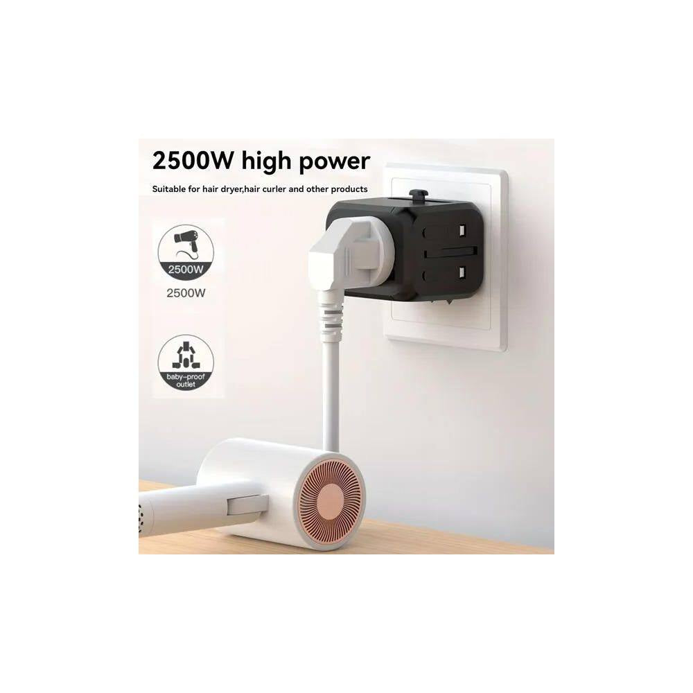 1-Outlet Foldable Universal Travel Plug Adapter with Type C & USB-A, 2500W Power & Multi-Country Compatibility, Black