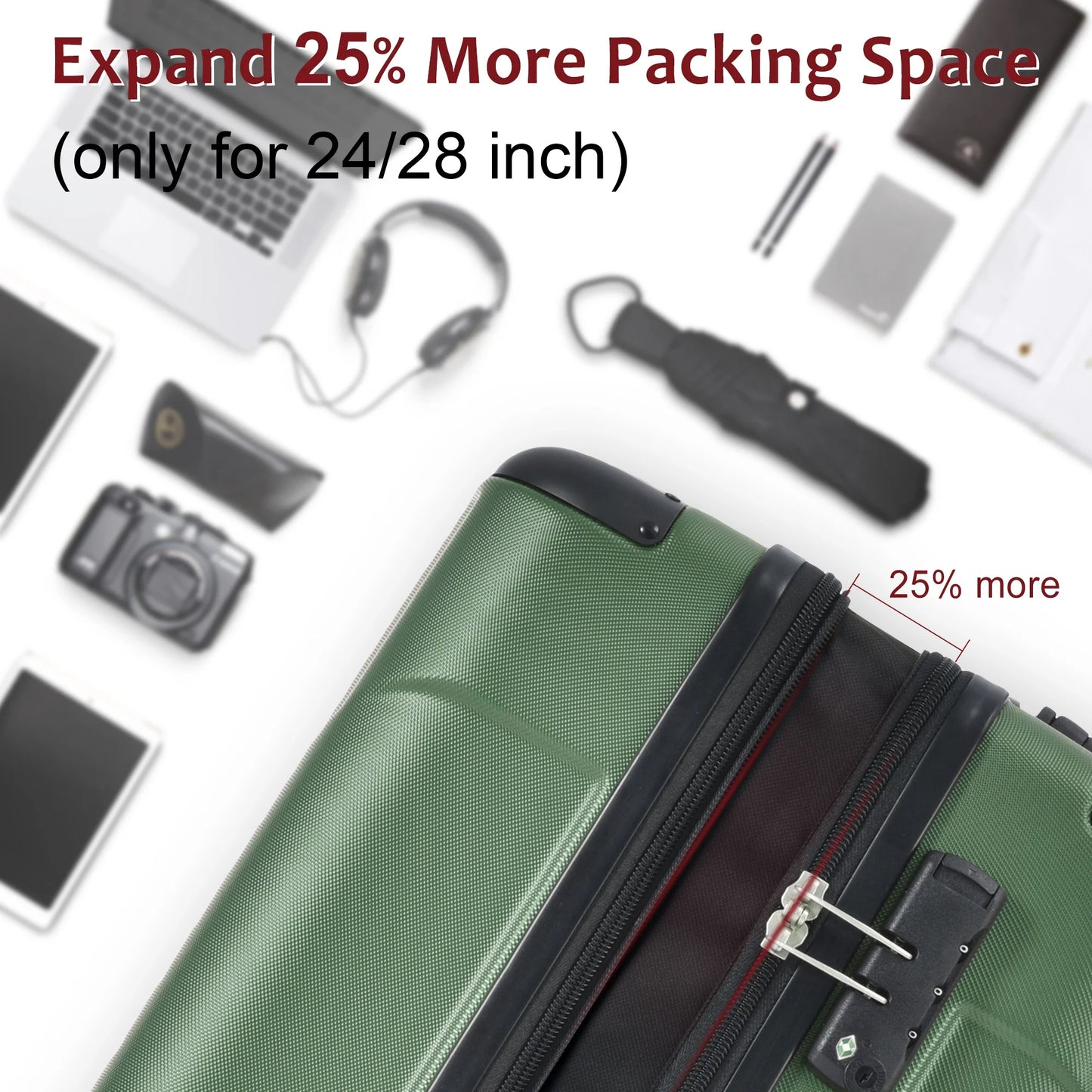 24 Inch Carry on Luggage,65L Capacity Suitcase with Wheels & TSA Lock ABS+PC Lightweight Checked Luggage for Travel Trip， Green