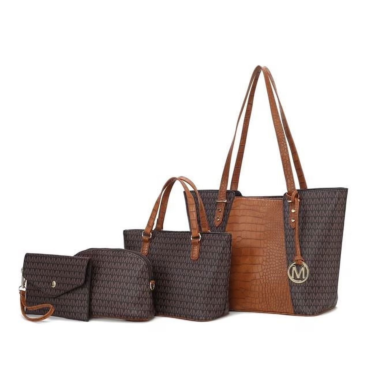 Lippa Women'S Tote Bag, Wristlet Pouch Purse, Vegan Leather Handbag 4Pcs Set by Mia K - Brown