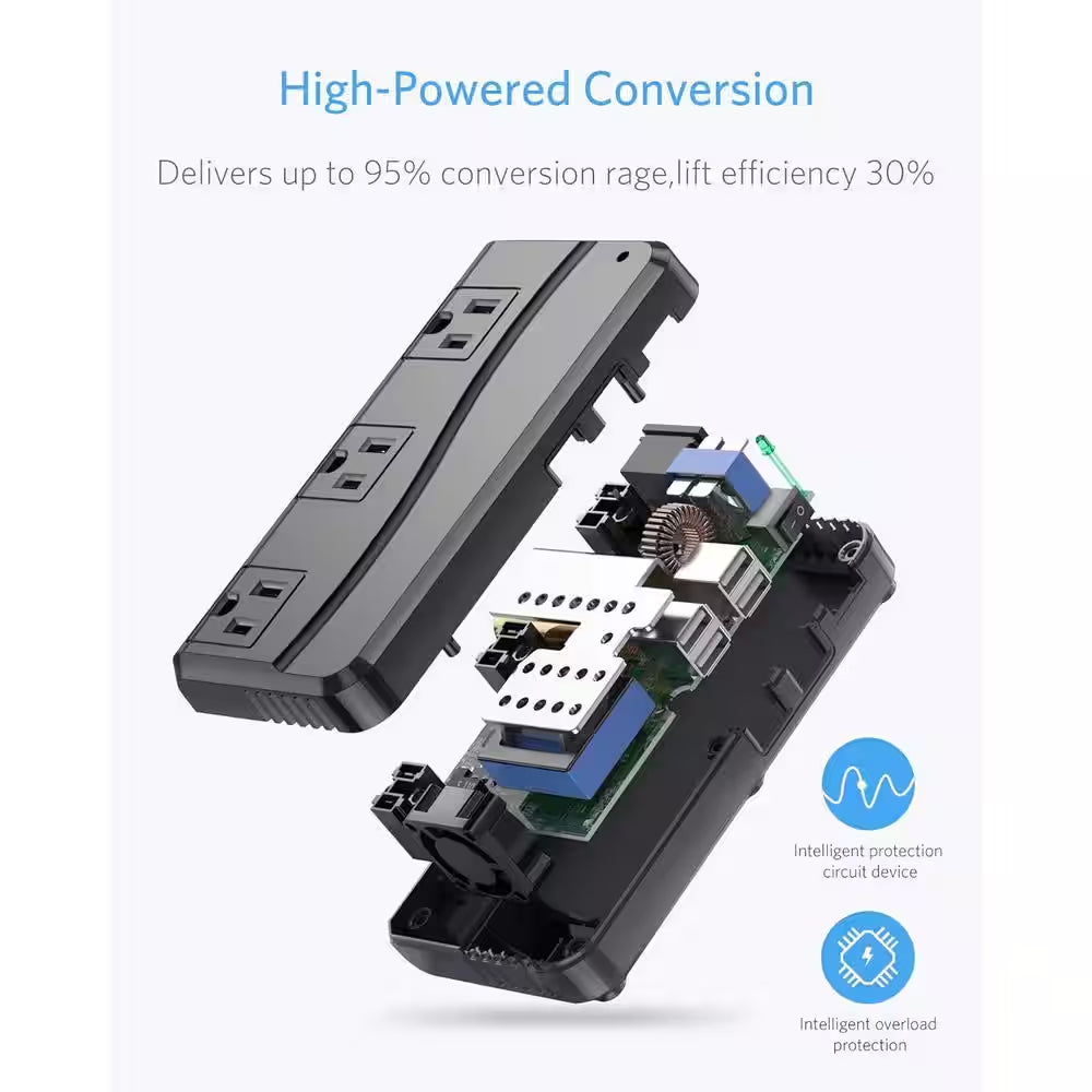 250W 220V to 110V Travel 2-To-3 Prong Adapter Voltage Converter with 3-Outlets and 4-Port USB and 5 Adapters in Black