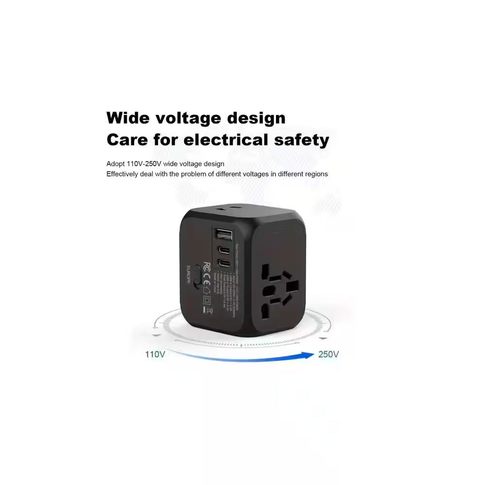 1-Outlet Foldable Universal Travel Plug Adapter with Type C & USB-A, 2500W Power & Multi-Country Compatibility, Black