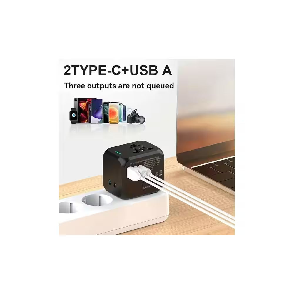 1-Outlet Foldable Universal Travel Plug Adapter with Type C & USB-A, 2500W Power & Multi-Country Compatibility, Black