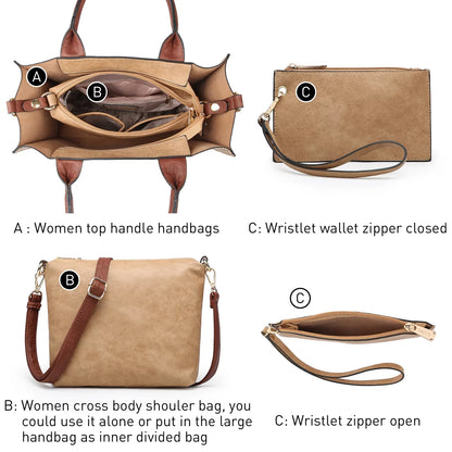 Bolso De Mano De Mujer De 3 Pzas Bolso De Hombro Tote Satchel Bolso Hobo Maletín Bolso De Trabajo Para Mujer