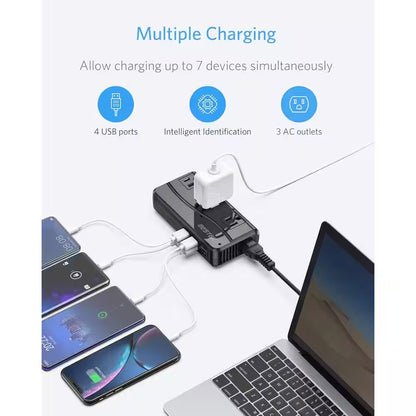 250W 220V to 110V Travel 2-To-3 Prong Adapter Voltage Converter with 3-Outlets and 4-Port USB and 5 Adapters in Black